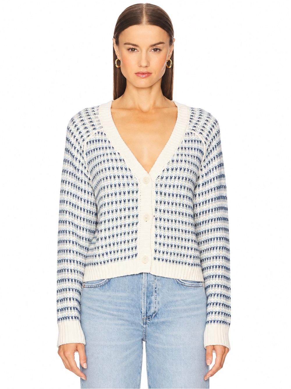 Stitches + Stripes Size L Dopper Cotton V-Neck Cardigan Ivory Blue Grandpa Style